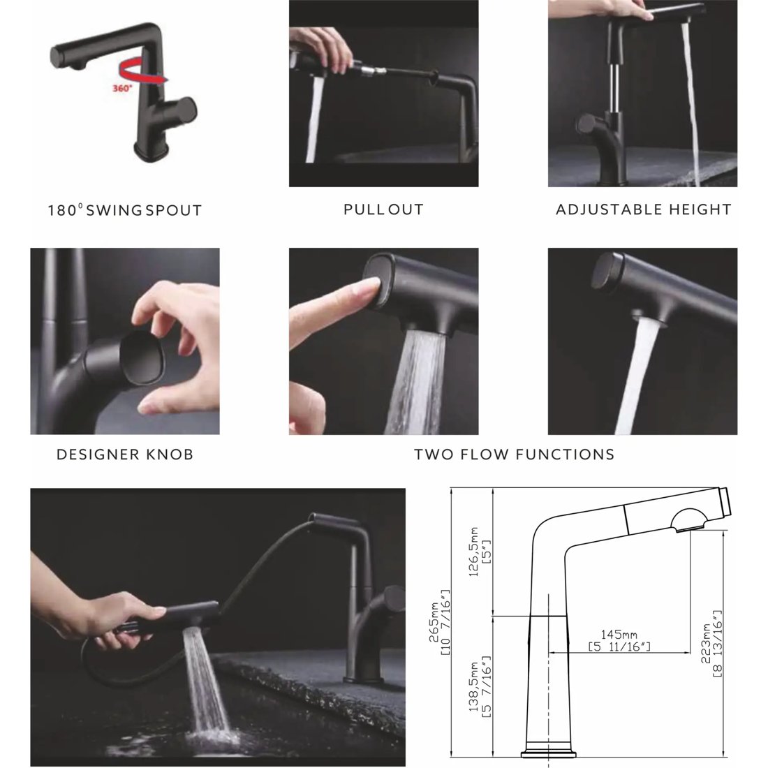 Carysil ALPHA03 Modern Single-Handle Kitchen Sink Faucet, Matte Black
