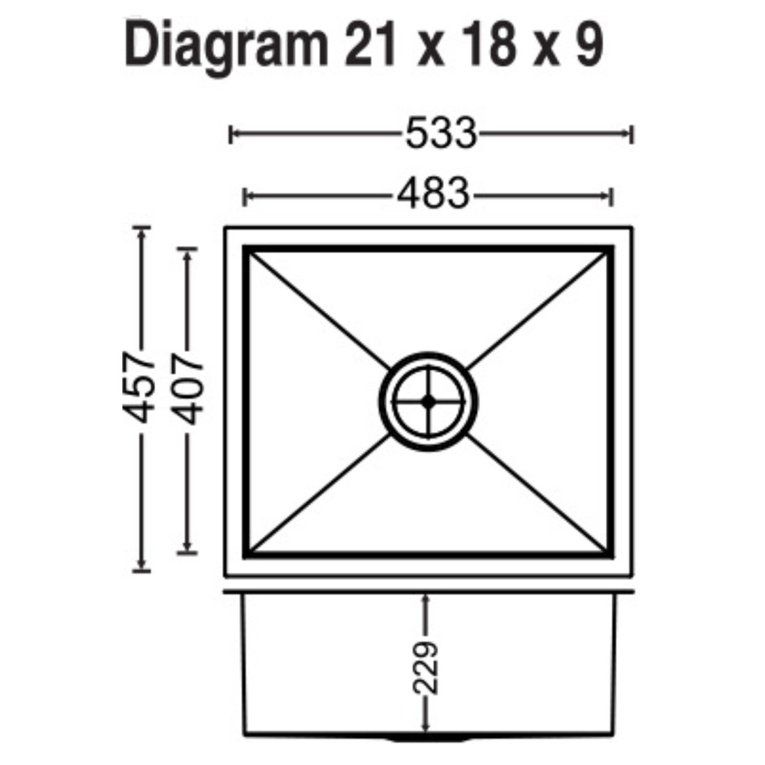 Carysil Quadro Q10 Single Bowl 21x18x9 dimensions