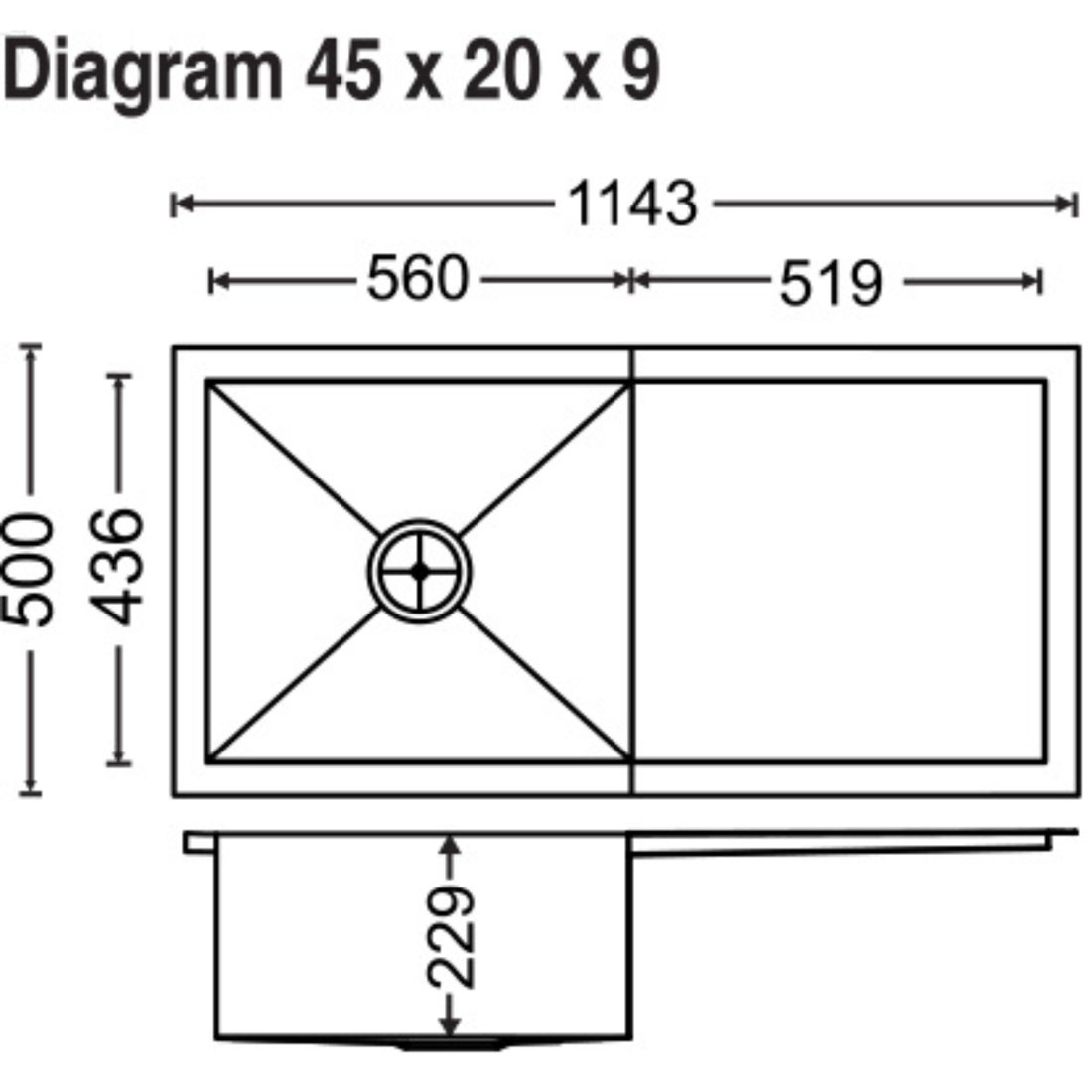 Carysil Quadro Single Bowl with Drainer 45x20x9 dimensions