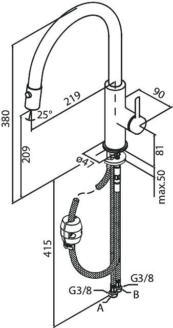 Kitchen mixer with pull-out spray steel