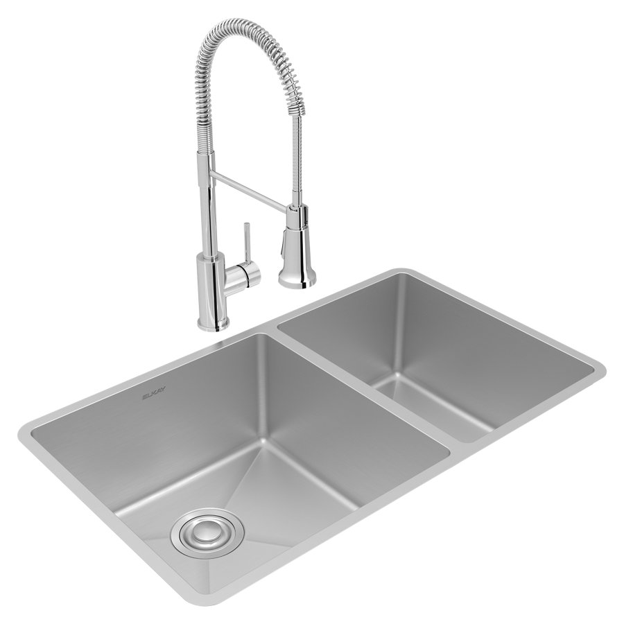 Crosstown® 18 Gauge Stainless Steel 31-1/2" x 18-1/2" x 9" 60/40 Double Bowl Undermount Sink & Faucet Kit with Drain