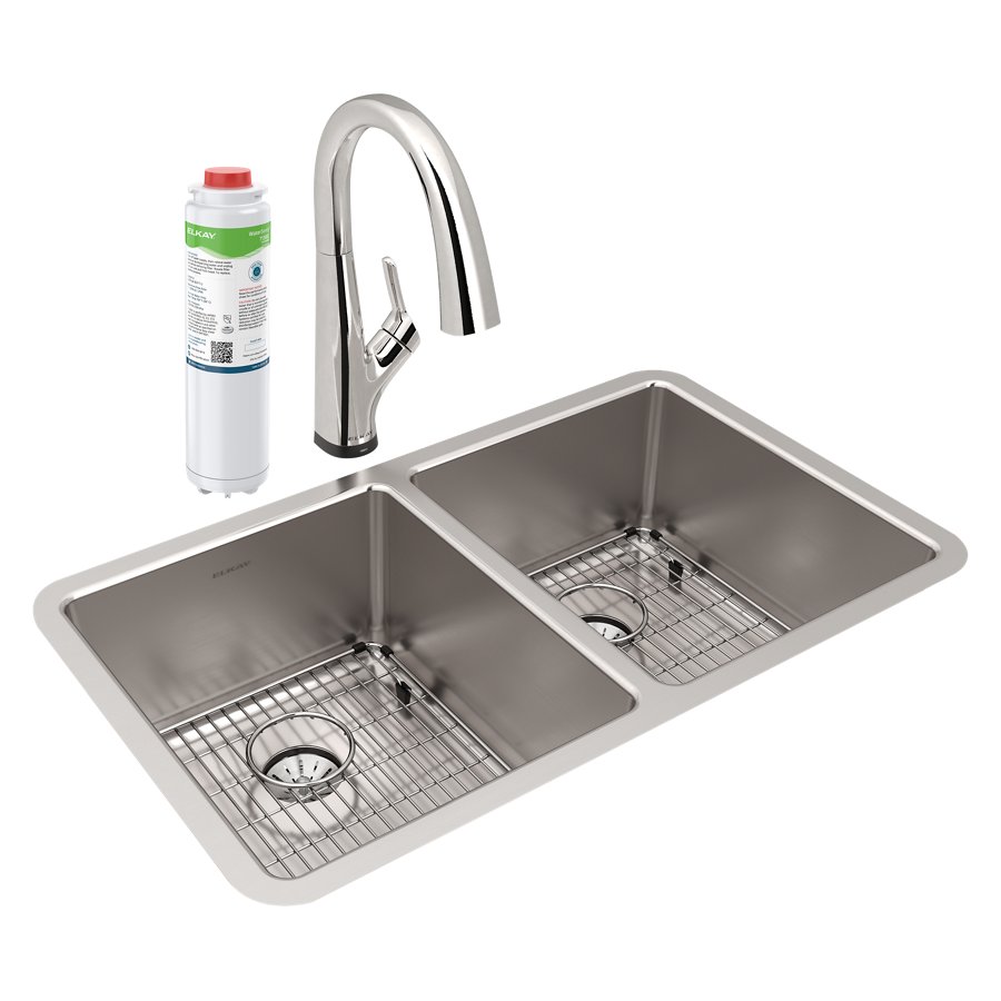Lustertone Iconix® 16 Gauge Stainless Steel 32-3/4" x 19-1/2" x 9" Double Bowl Undermount Sink Kit with Filtered Faucet with Perfect Drain®