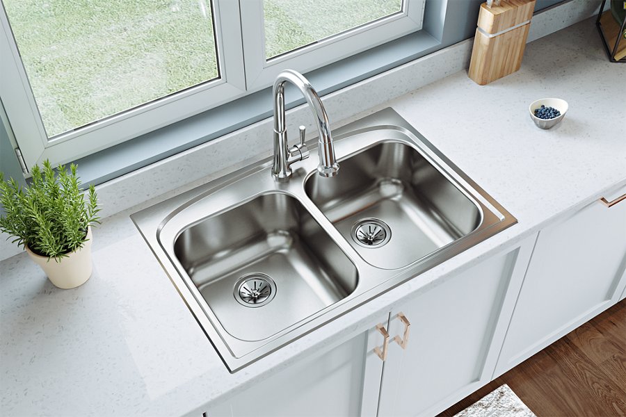 Pergola™ Stainless Steel 33" x 22" x 9" 1-Hole Double Bowl Drop-in Sink