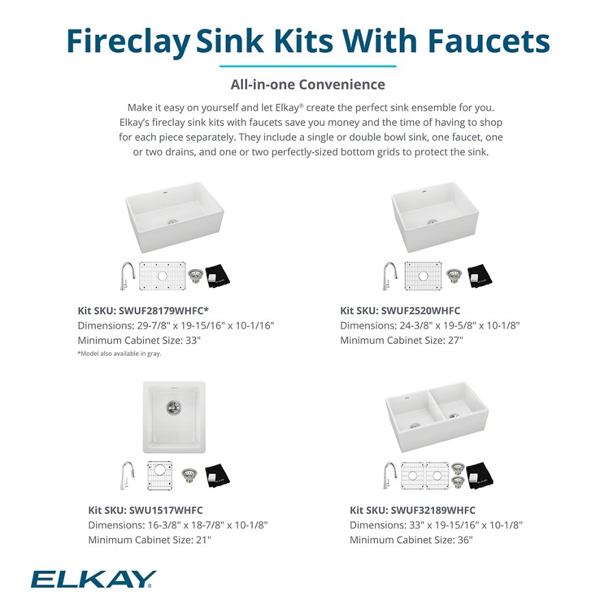 Fireclay 33" x 19-15/16" x 9" Equal Double Bowl Farmhouse Sink Kit