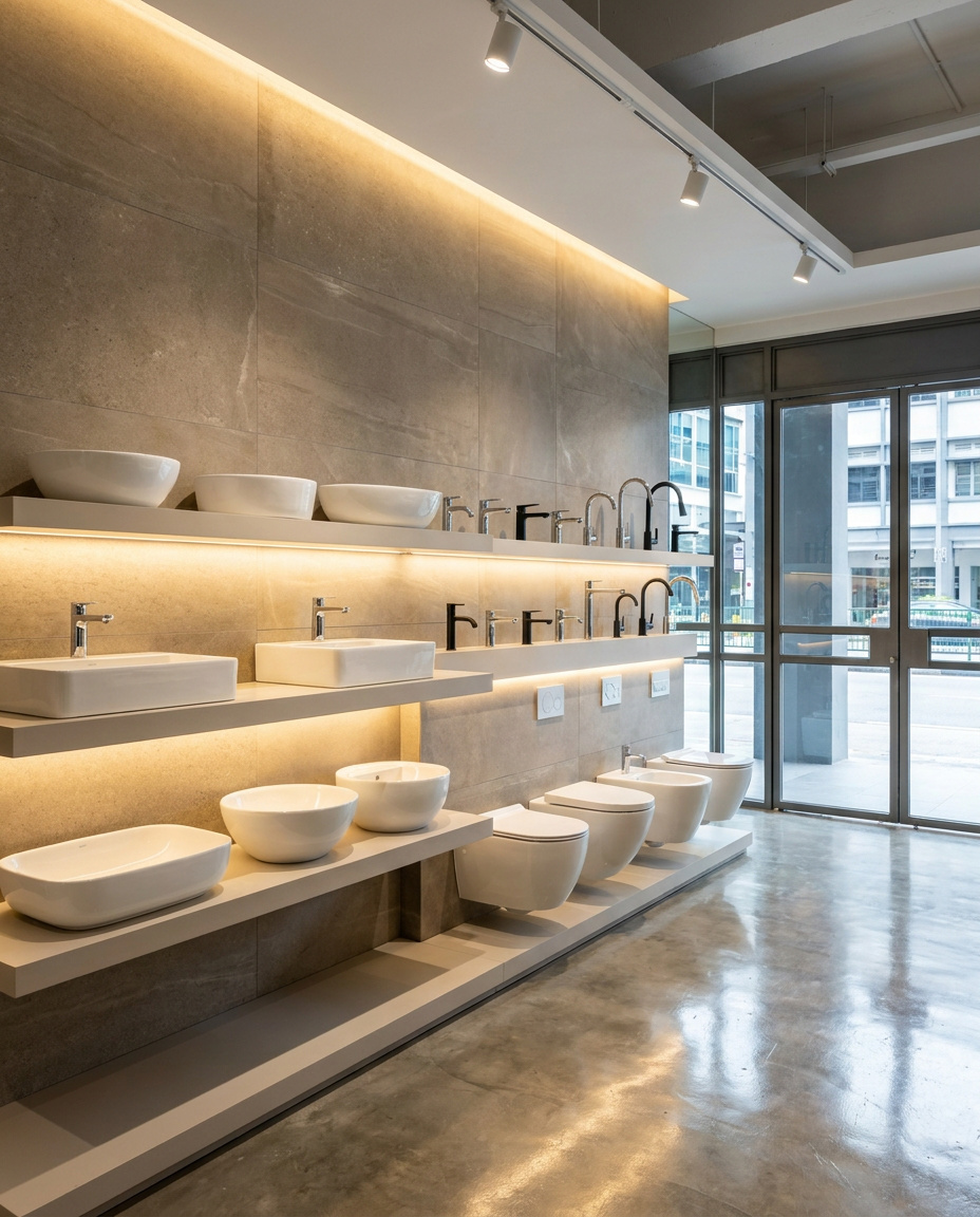 Basins, toilet bowls and mixer taps on display in the showroom