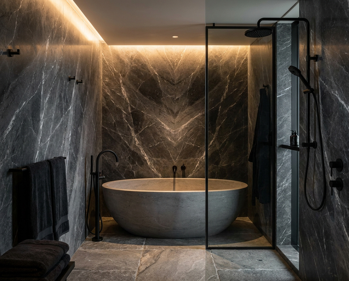 Marble bathroom with a freestanding stone tub and matt black fittings
