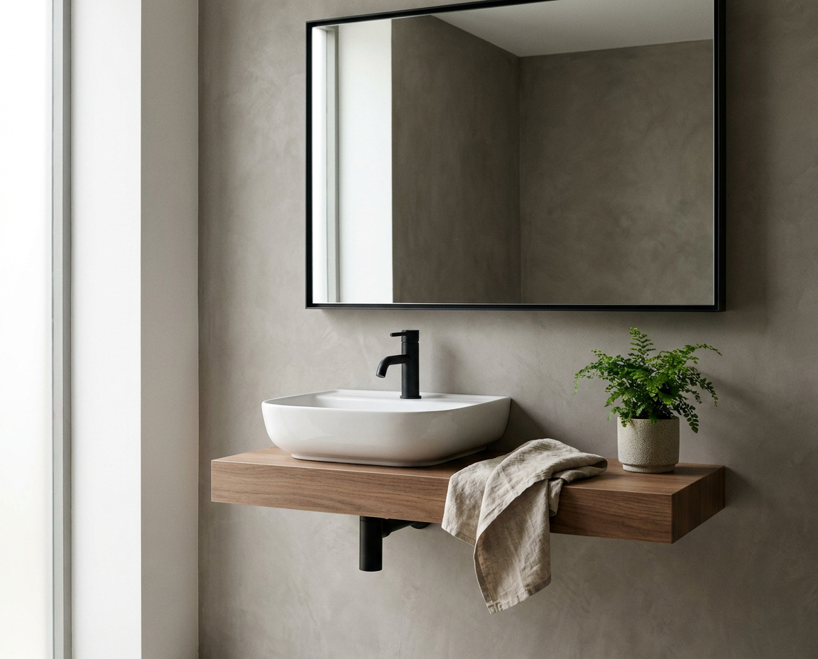 Countertop basin with a matt black mixer on a wood vanity